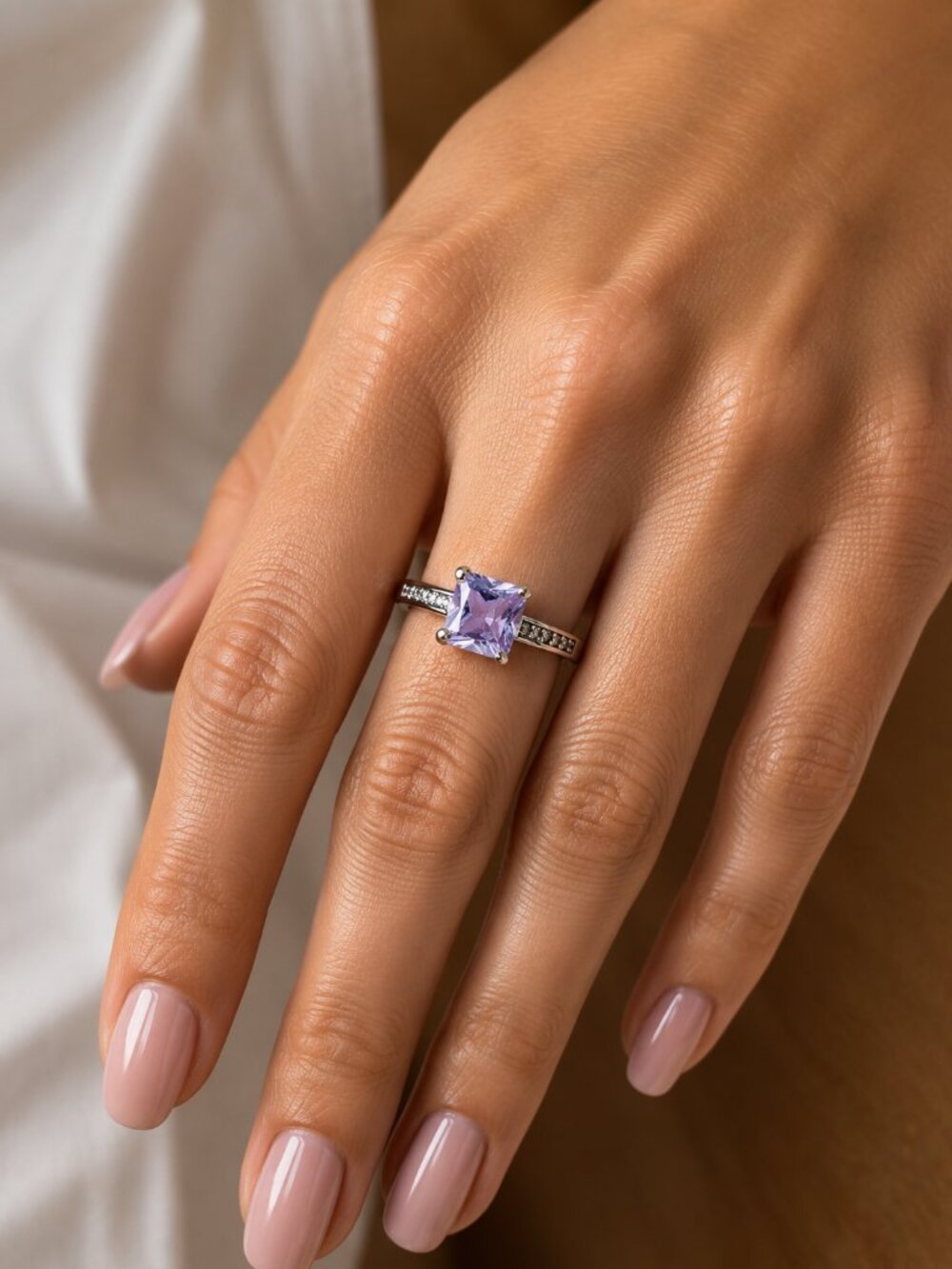 Purple Square-Cut Amethyst Ring with Accent Stones - Stamped 925 Sterling Silver
